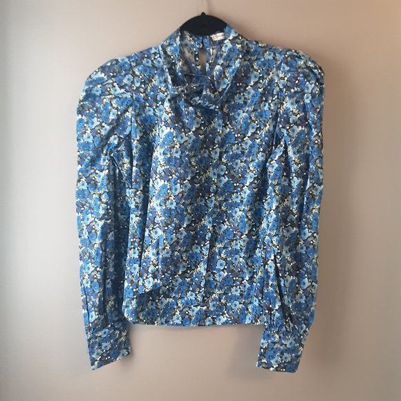 Stradivarius Blue Floral Blouse, Statement Sleeves, Tie at Collar NWOT Small - Picture 3 of 16